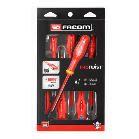 FACOM ATDVE.J6PB - 6Pc Insulated Slotted Pozidriv Protwist Screwdriver Set