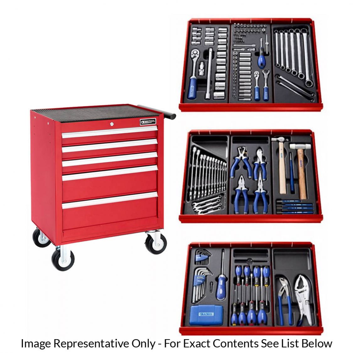 BRITOOL EXPERT E220321B - 207pc General Metric Tool Kit + 5 Drawer Roller Cabinet Red