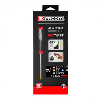 FACOM AT.J12R1PB - 12Pc Slotted Pozidriv Phillips Protwist Screwdriver Set + Racks