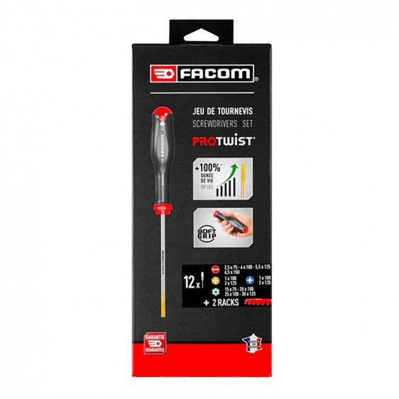 FACOM AT.J12R1PB - 12Pc Slotted Pozidriv Phillips Protwist Screwdriver Set + Racks