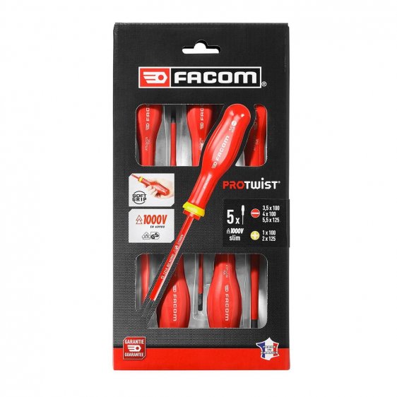 FACOM ATP.J5TVEPB - 5pc Insulated Slotted Phillips Protwist Thin Blade Screwdriver Set